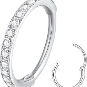 Nose Ring Hoop 8mm Silver Surgical Steel with Cubic Zirconia for Men Women